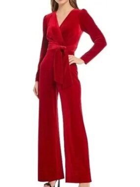 ANTONIO MELANI Red Velvet Belted Jumpsuit Size 10 NEW NWOT